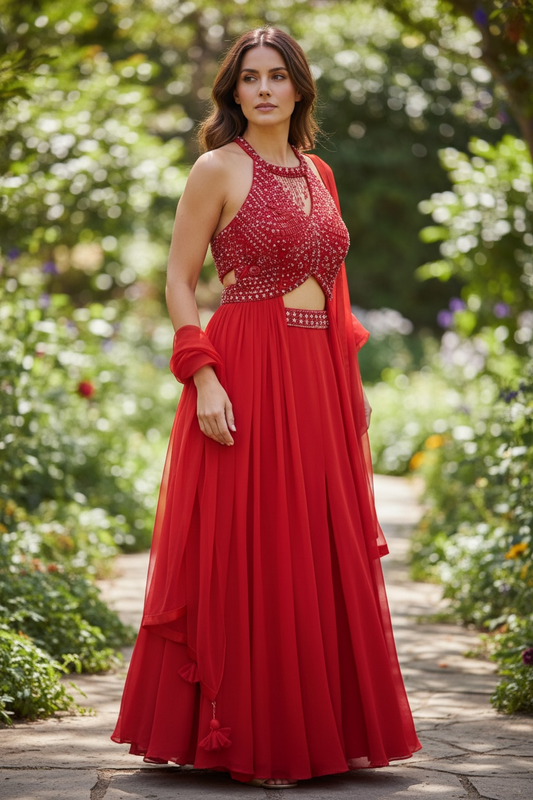 A Cocktail Red Halter Palazzo Set