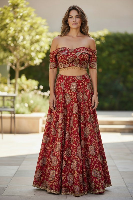 An Off the Shoulder Carmine Lengha Set