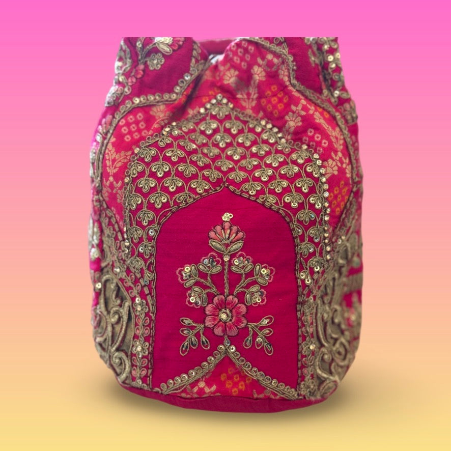 Hot Pink Hand Embroidered Potli