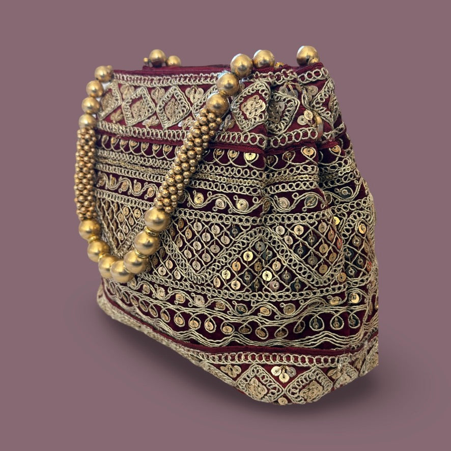 Maroon & Gold Embellished Potli bag