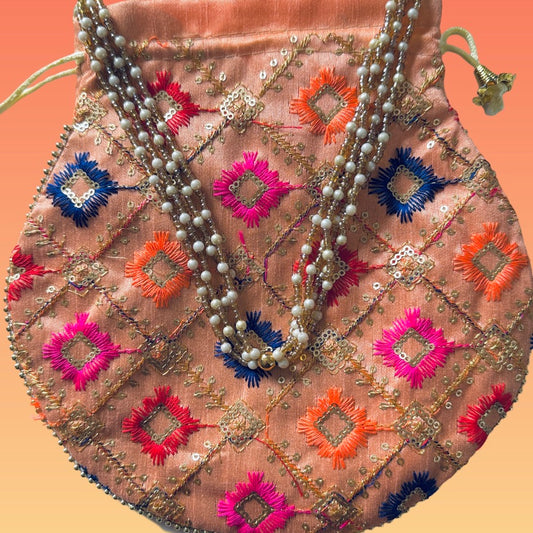 Peach Phulkari Potli