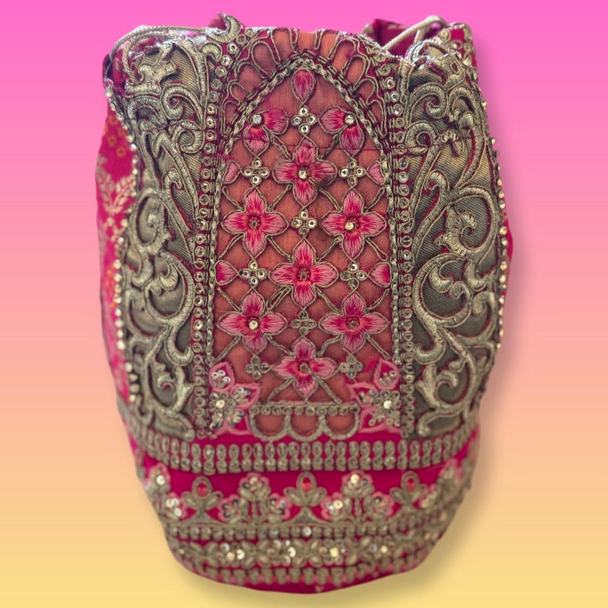 Hot Pink Hand Embroidered Potli