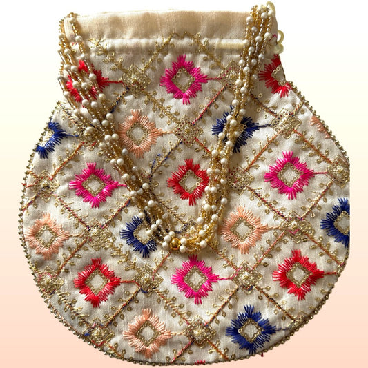 Ivory Phulkari Potli Bag