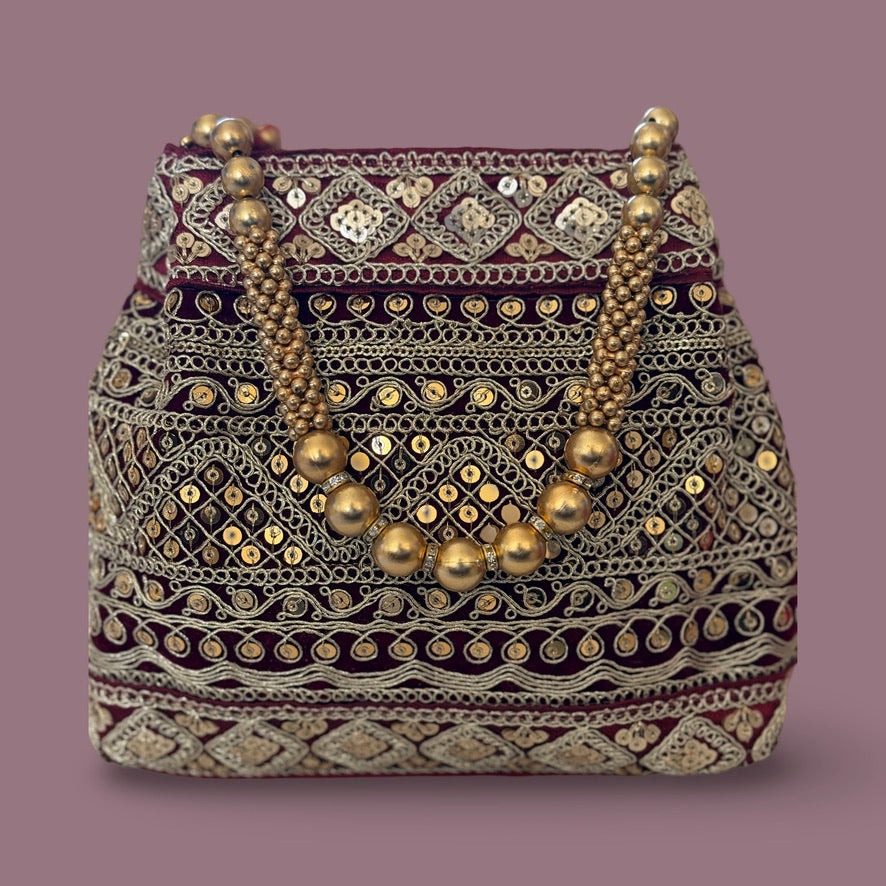 Maroon & Gold Embellished Potli bag