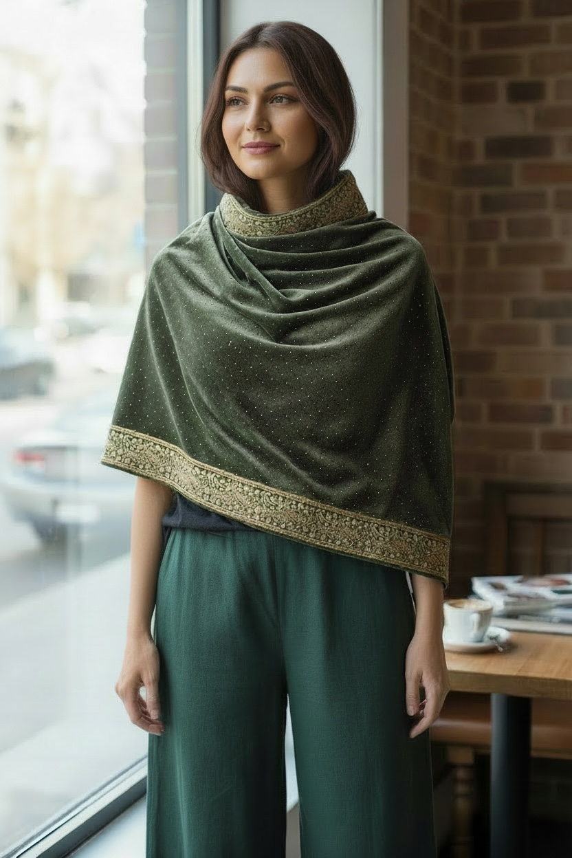Olive Green Velvet Shawl