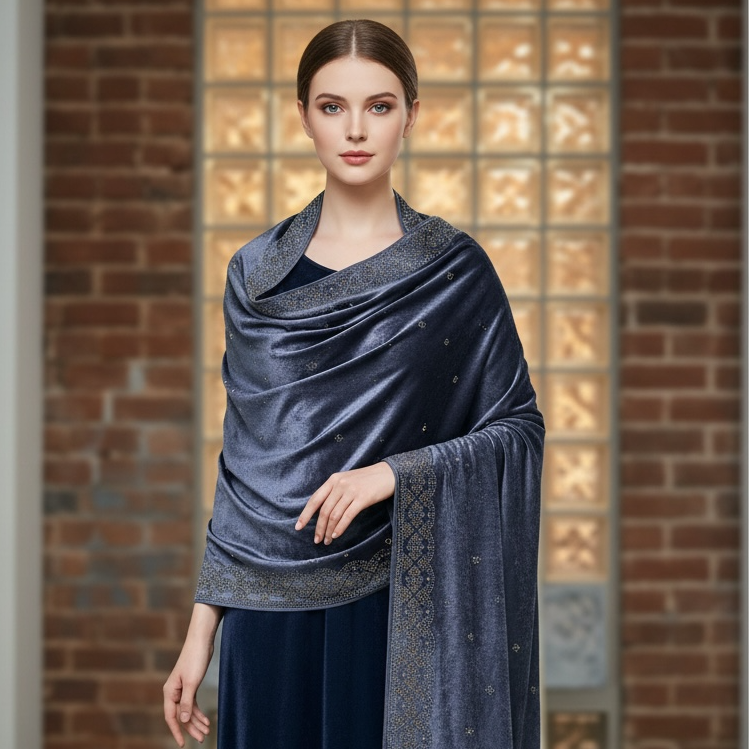 Blue Pewter Crushed Velvet Shawl