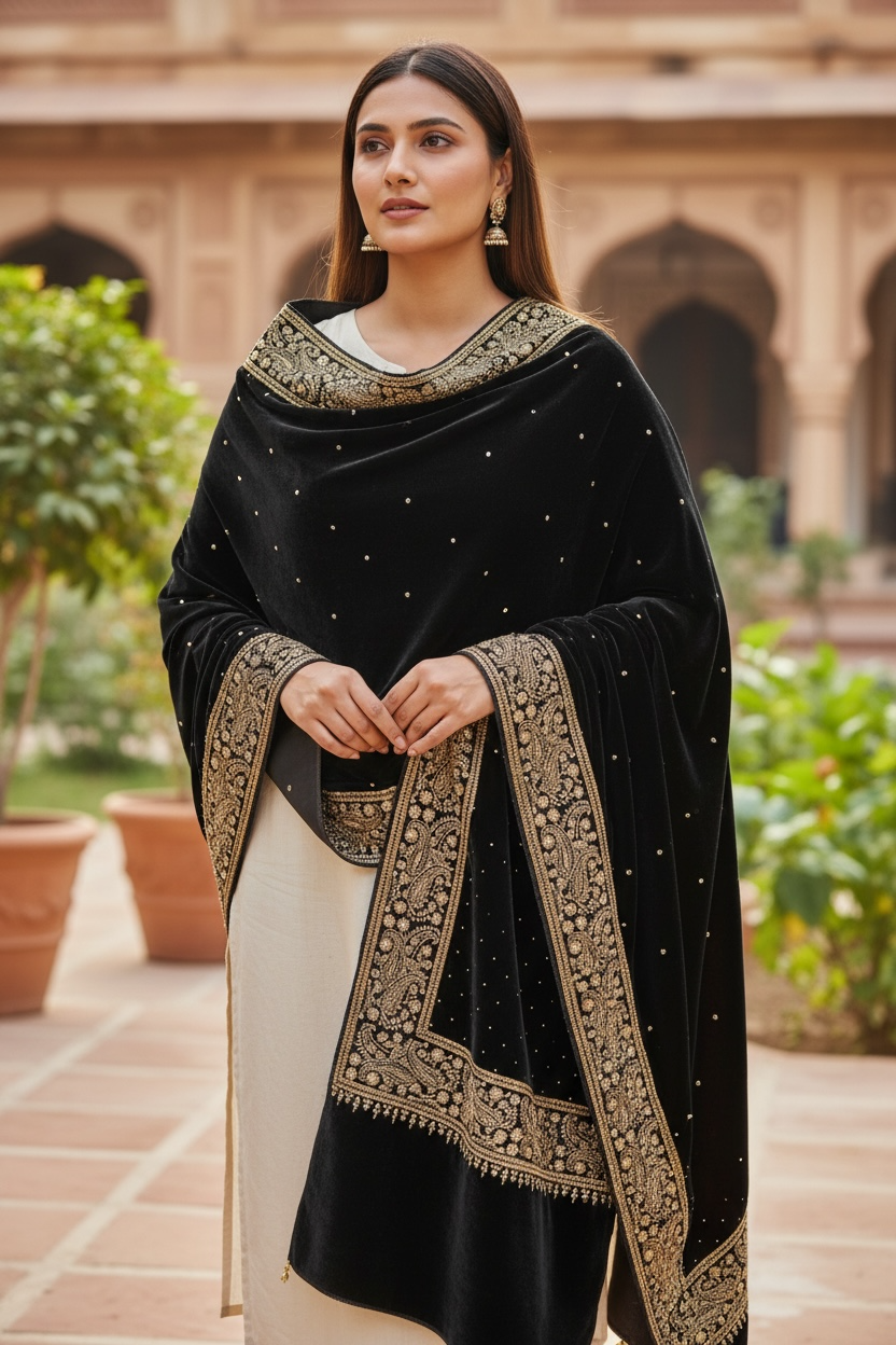 Black and Gold Embroidered Velvet Shawl