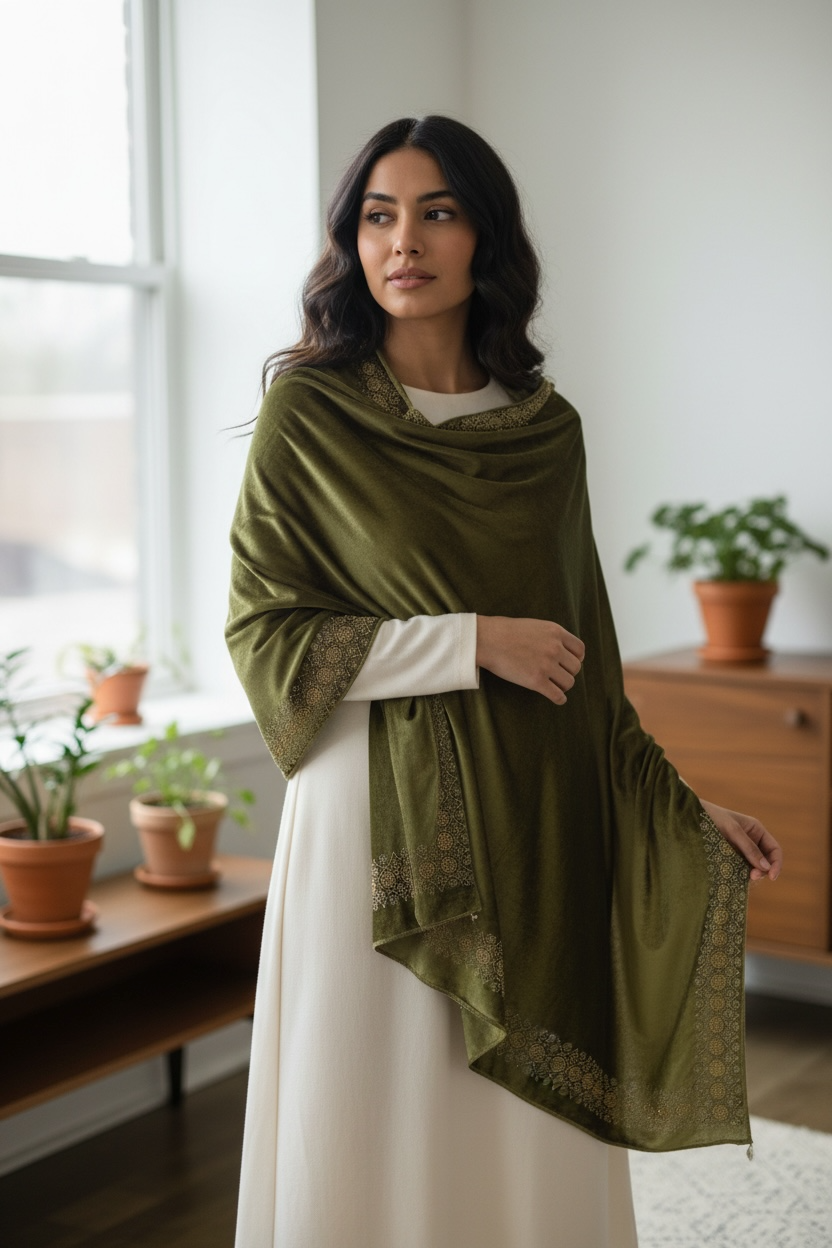 Olive Green Crushed Velvet Shawl