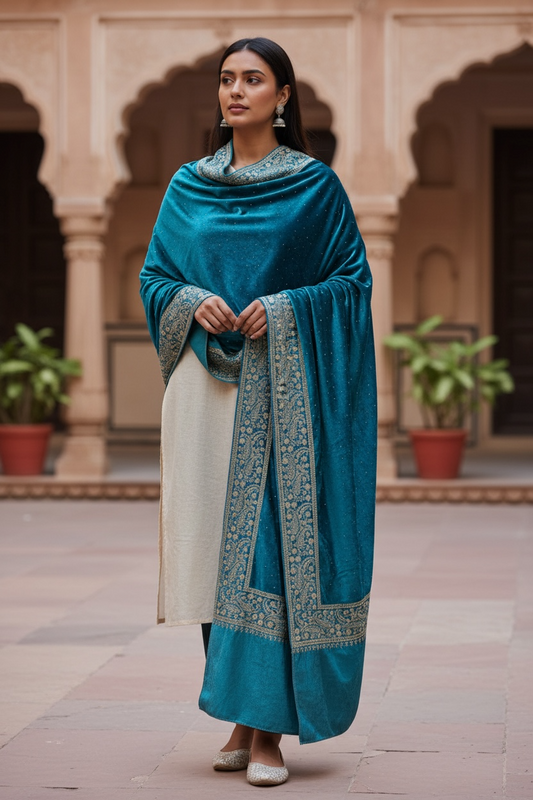 Deep Turquoise Crushed Velvet Shawl