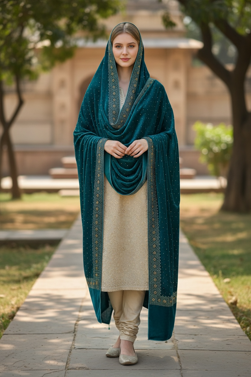 Peacock Blue Crushed Velvet Shawl