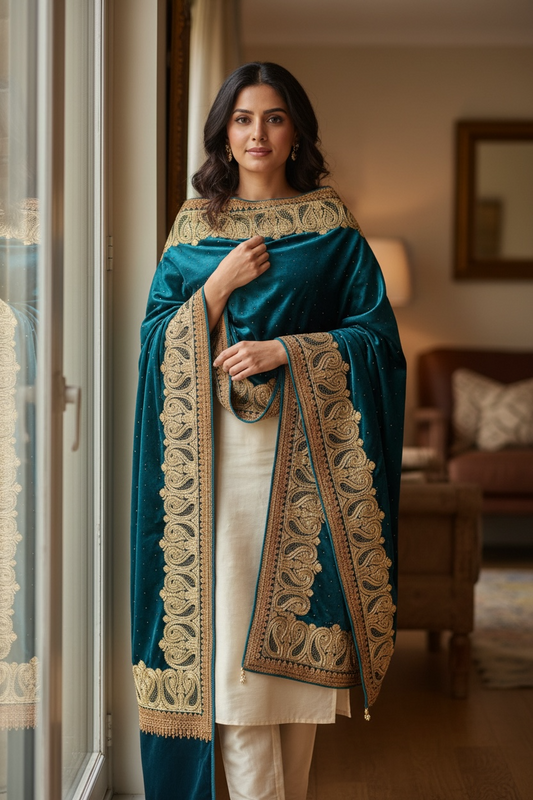 Peacock Blue Paisley Velvet Shawl