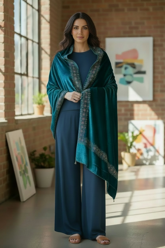 Embroidered Deep Turquoise Velvet Shawl