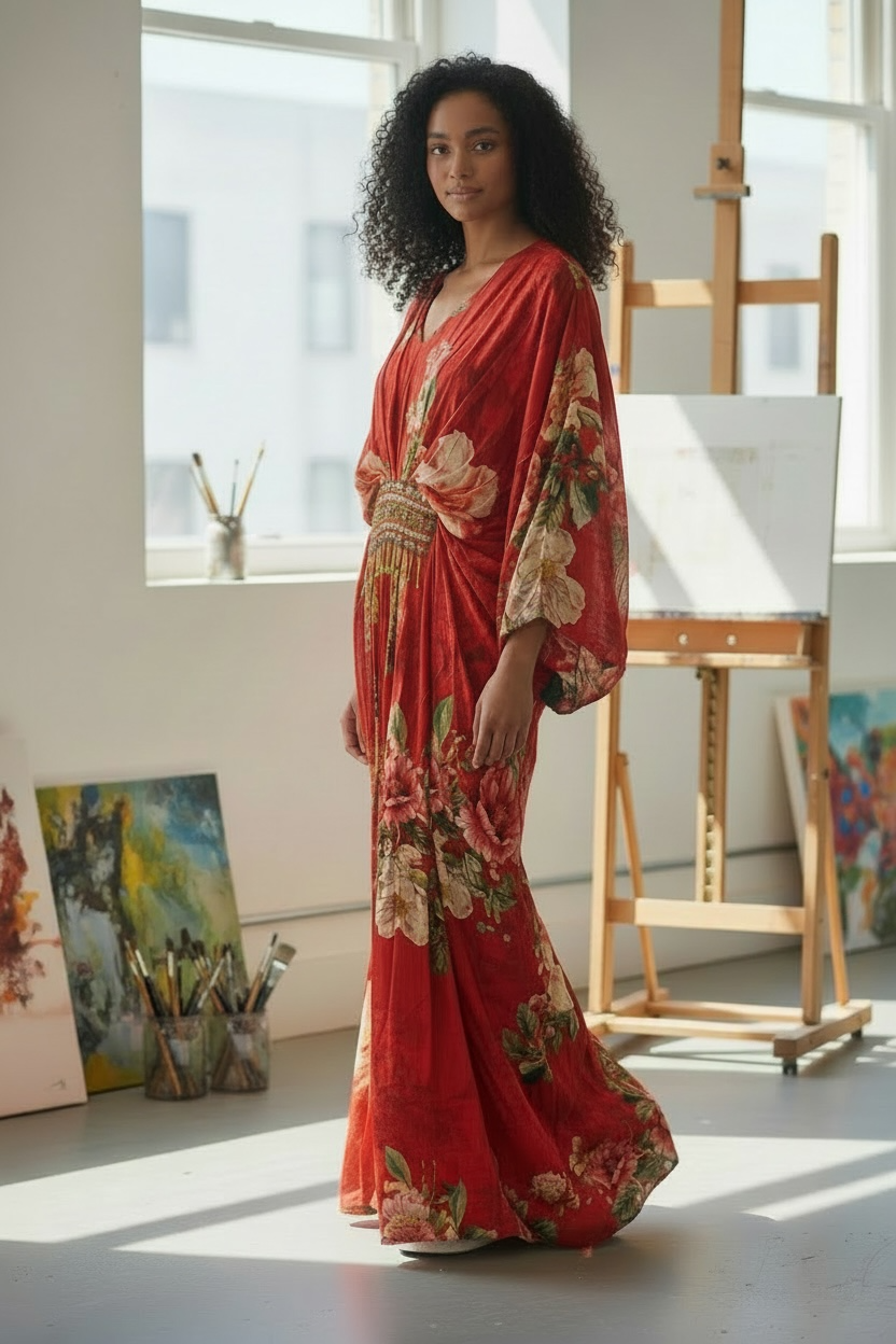 Crimson Red Floral Kaftan