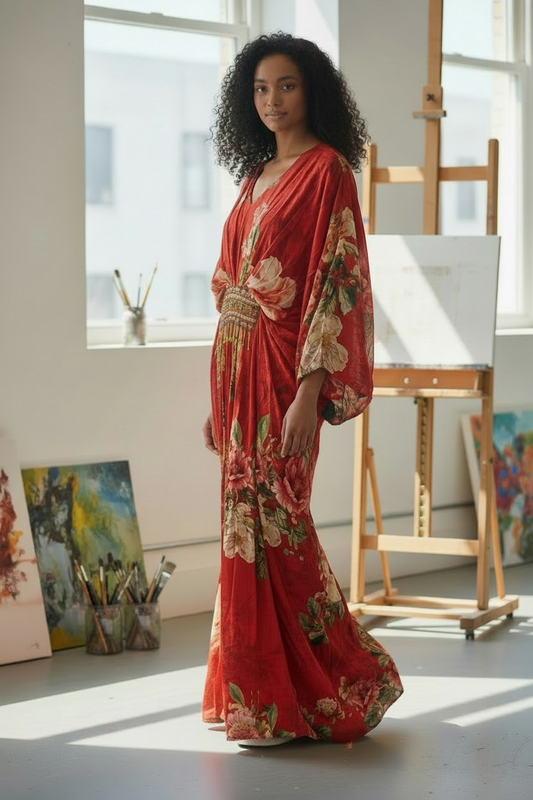 Crimson Red Floral Kaftan