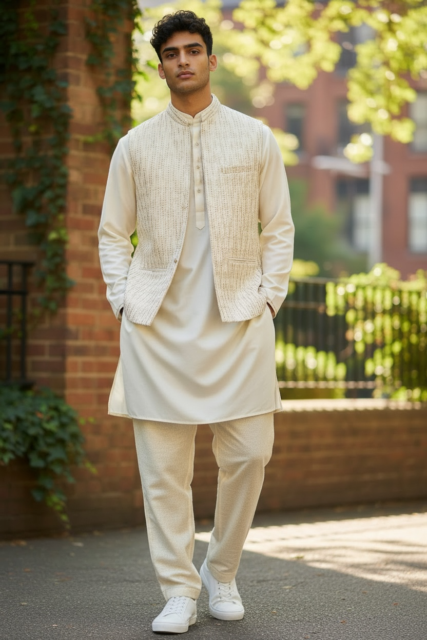 White and Gold 3 Piece Vest Kurta Pajama