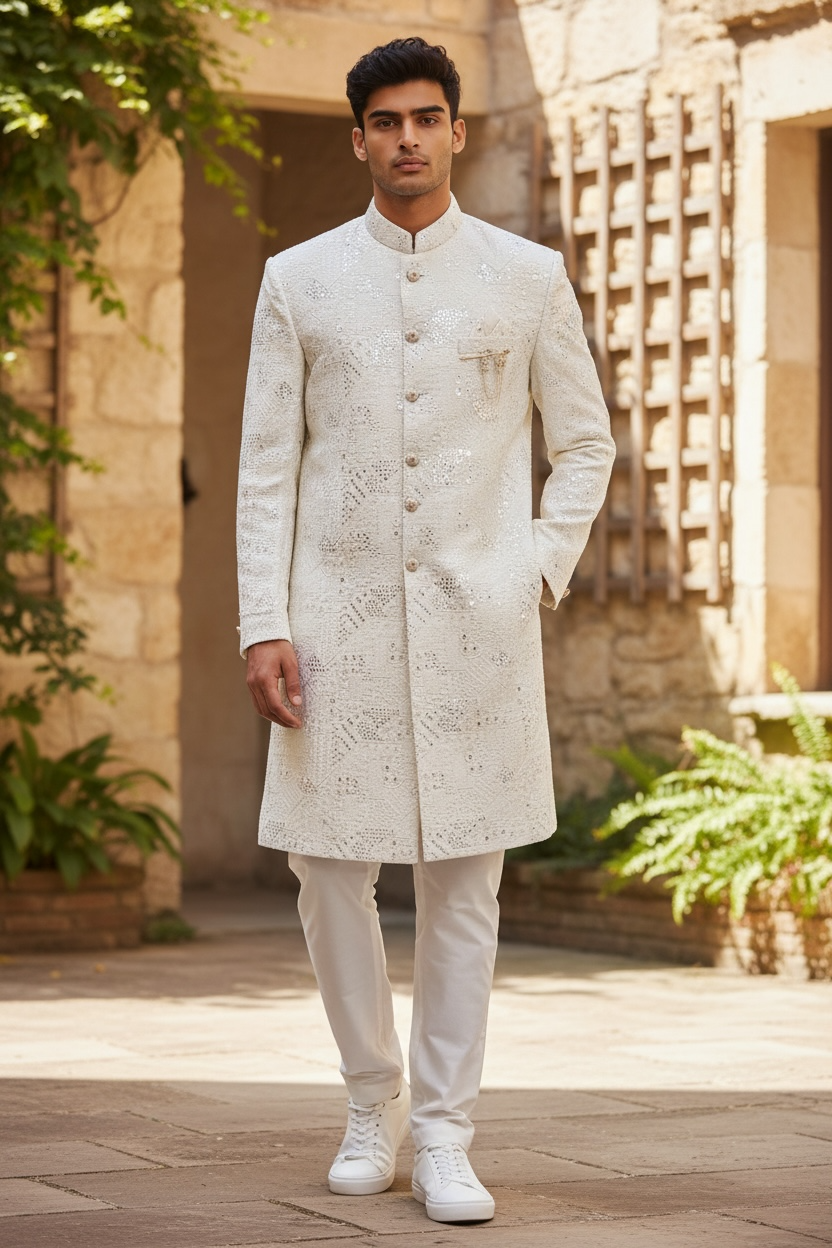 White and Silver Sequin Sherwani