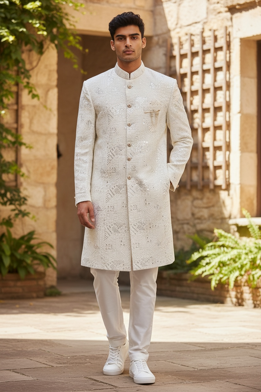 White and Silver Sequin Sherwani