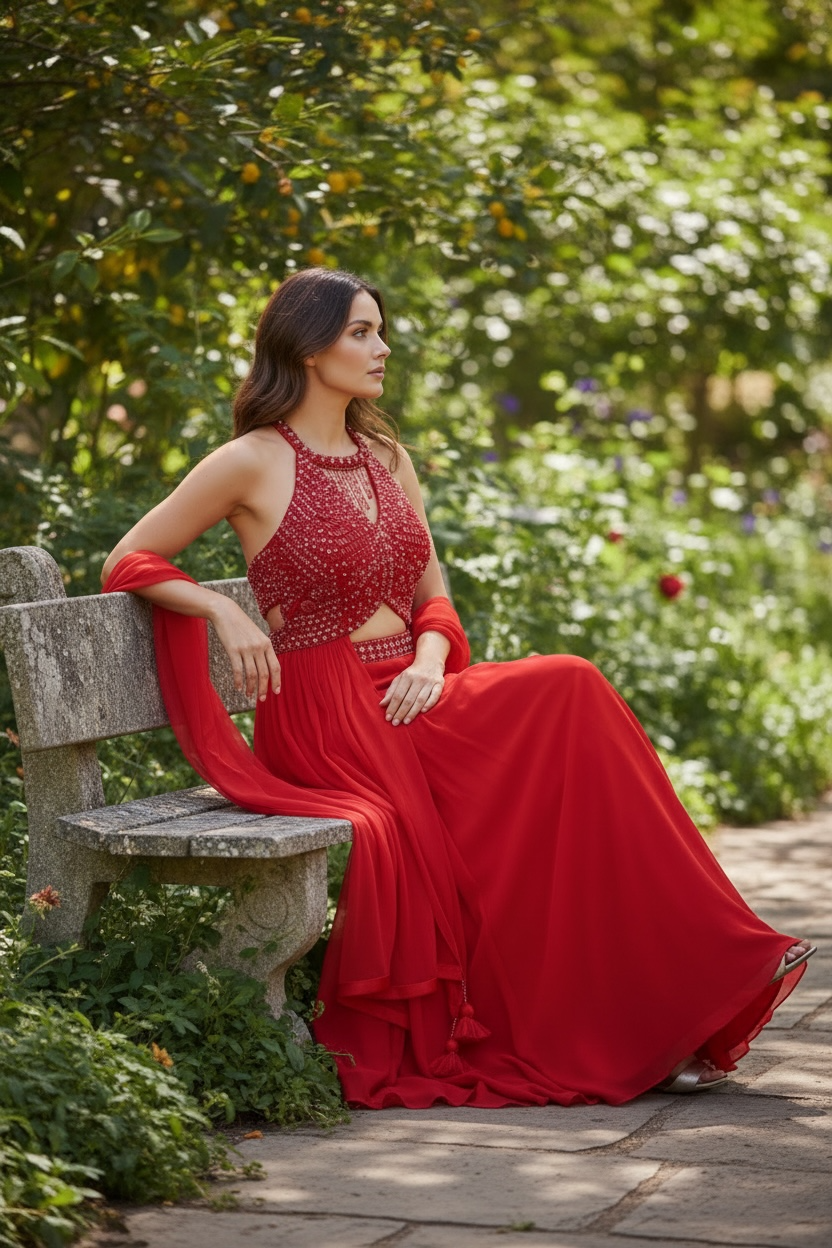 A Cocktail Red Halter Palazzo Set