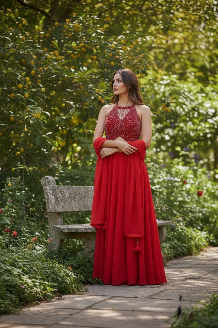 A Cocktail Red Halter Palazzo Set