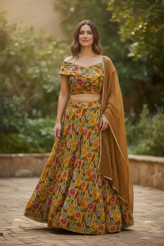 An Off the Shoulder Mendhi Green Lengha